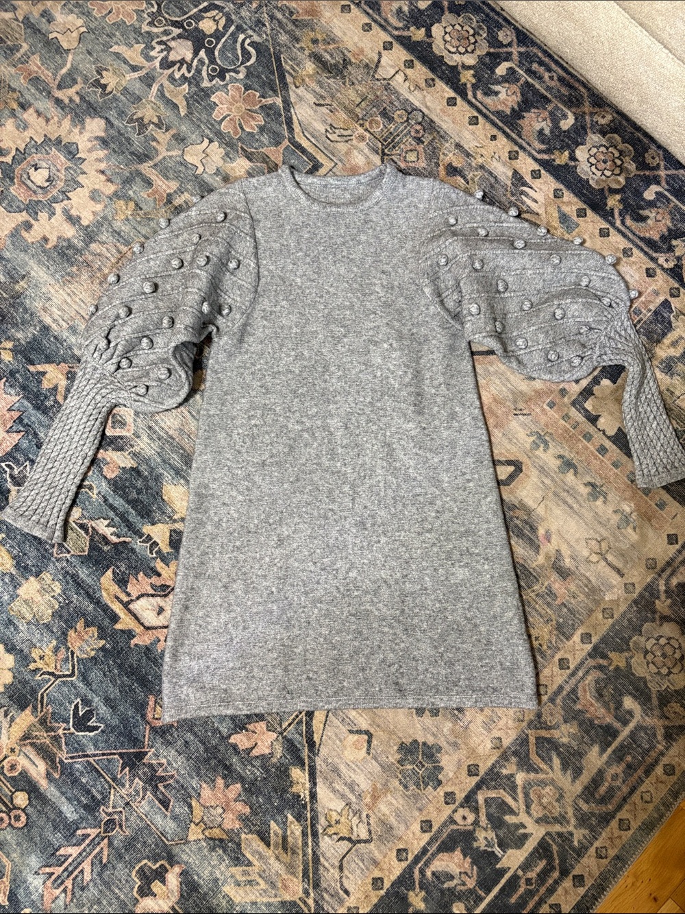 Gray Puff-Sleeve Crewneck Knit Sweater Dress